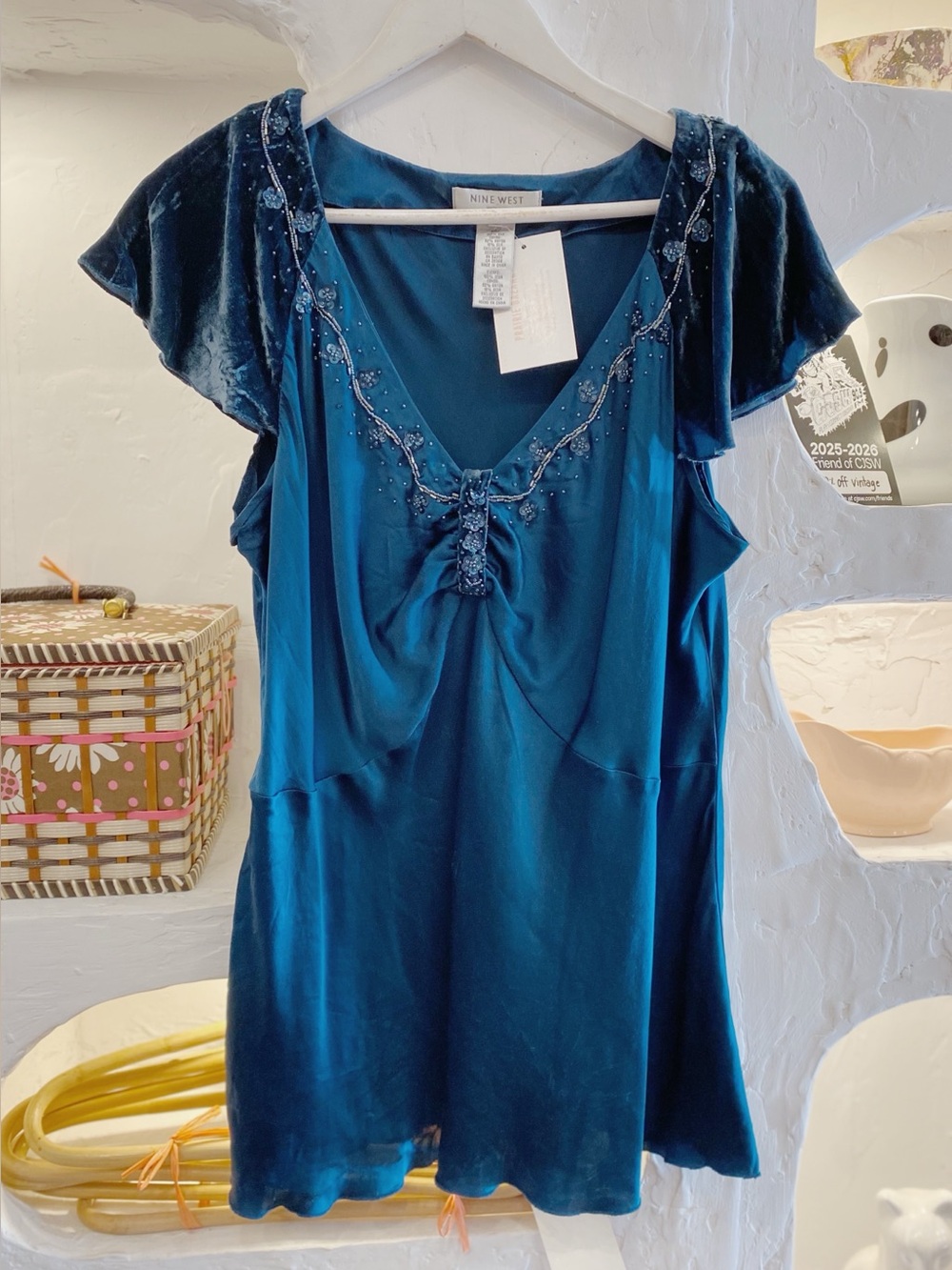 Nine West Teal Short Sleeve Silk Blouse Beaded Details and Velvet Flutter Sleeve